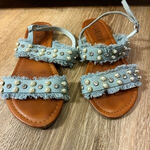 Frayed Denim Sandals with Pearl and Stud Accents